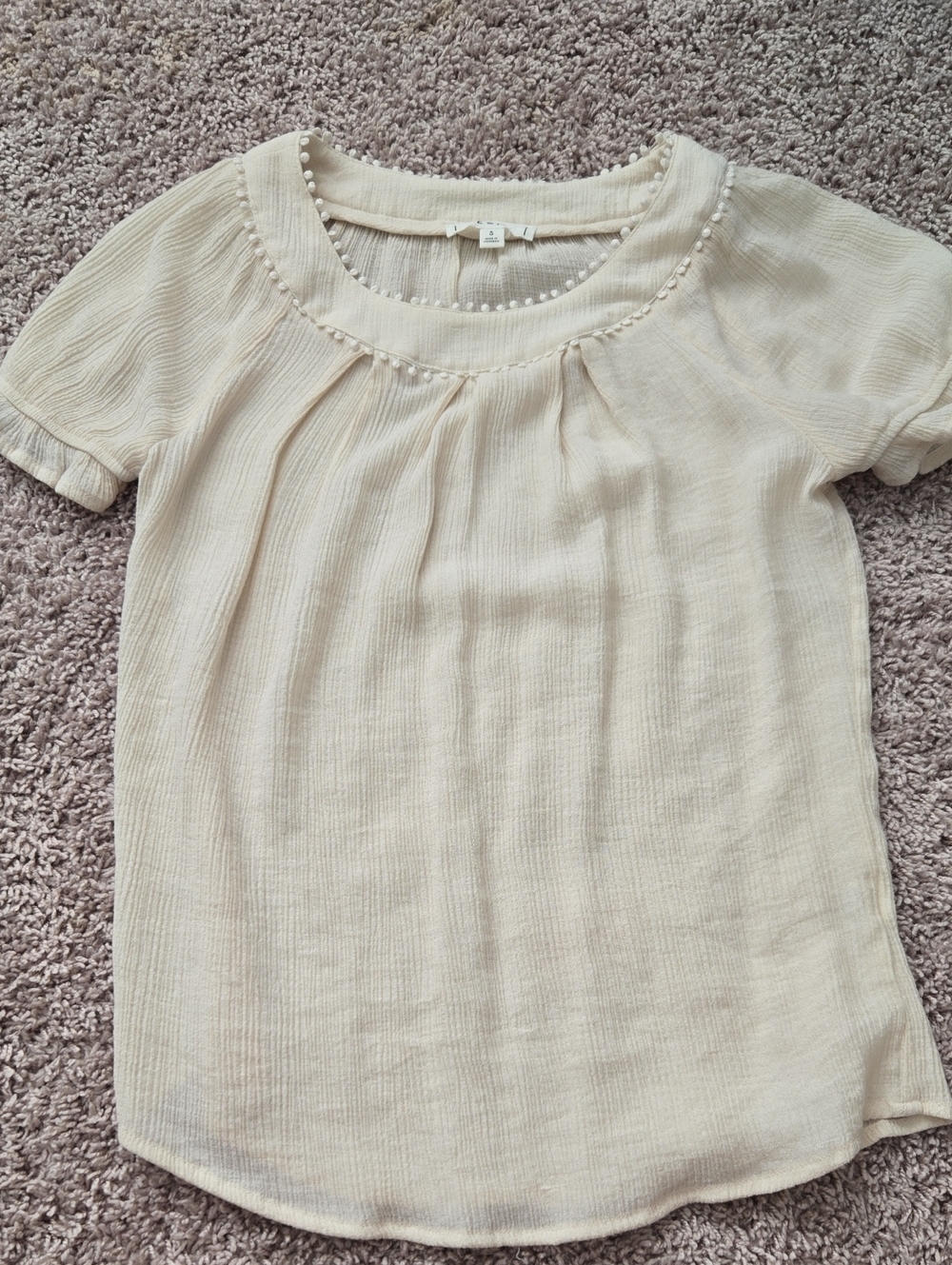 Cream Short Sleeve Textured Blouse with Bead Trim